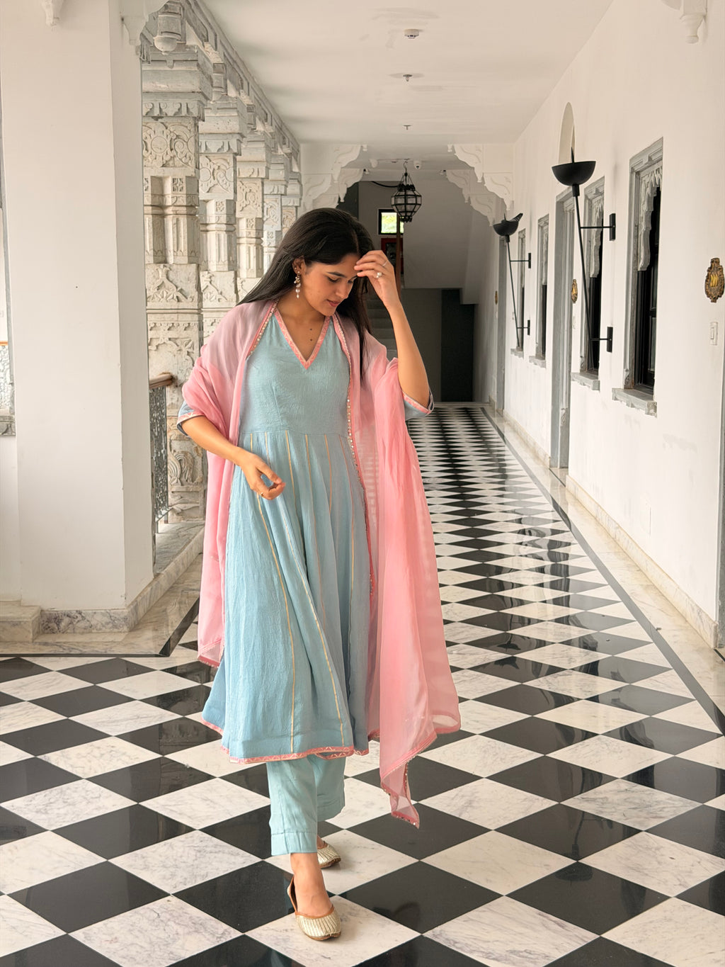 Powder Blue & Blush Pink Gota Detail Anarkali Set