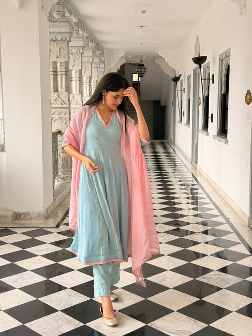 Powder Blue & Blush Pink Gota Detail Anarkali Set