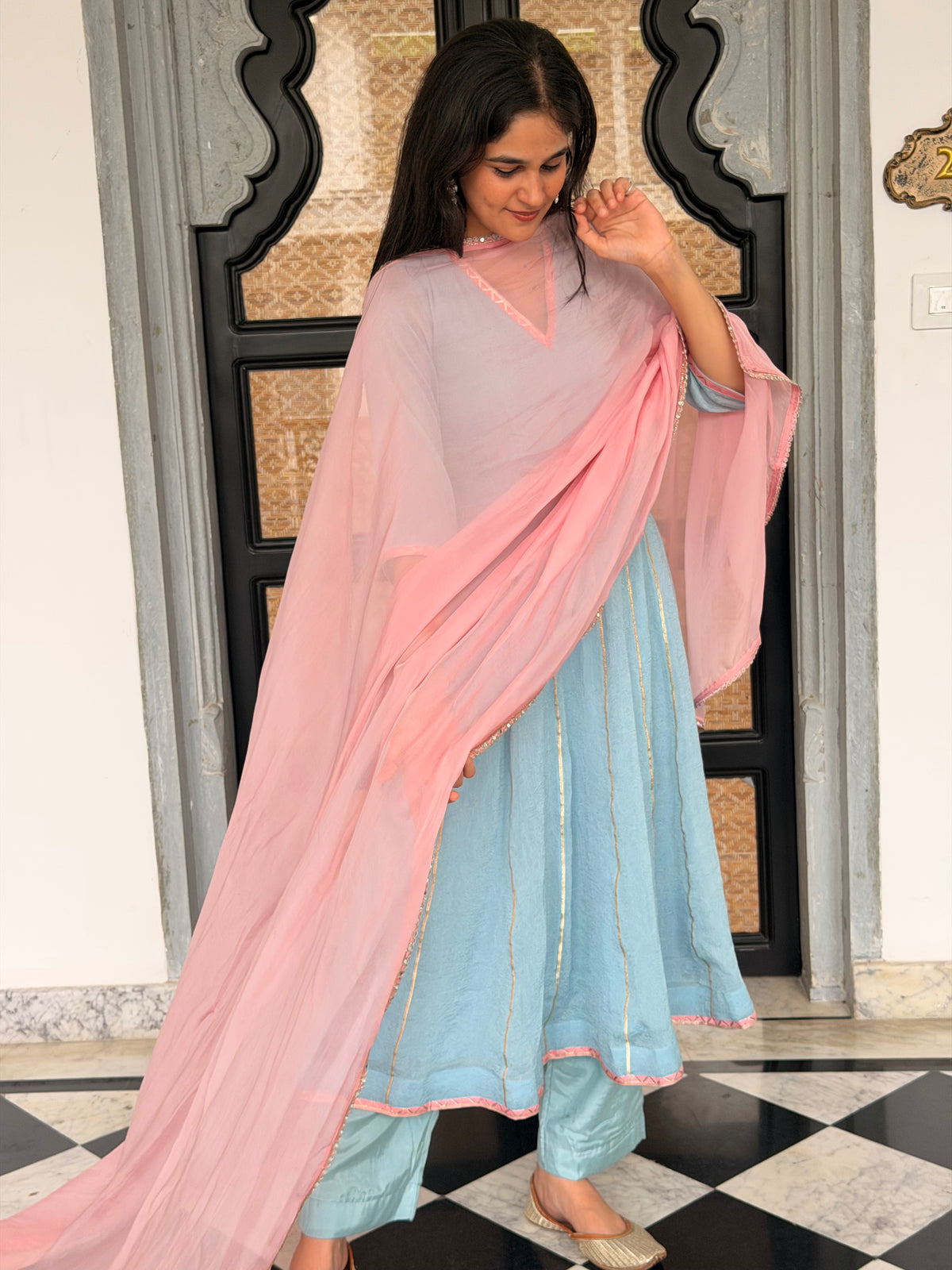 Powder Blue & Blush Pink Gota Detail Anarkali Set